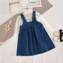 Gooporson Fall Girls Outfits Lace Transparante lange mouw topoveralls mode Koreaanse kleding kleine kinderen kleding set G220310