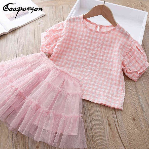 Gooporson Filles À Volants Tenues Coréenne Enfants Vêtements D'été Chemise À Carreaux Layered Maille Jupe Mignon Bébé Fille Vêtements Ensemble G220310