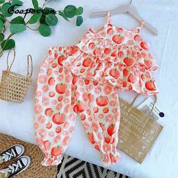 Gooporson Zomer Kinderkleding Tomaten Gedrukt Mode Koreaanse Kleine Meisjes Kleding Set Sun-Toppants Kinderen Beach Outfits 210715