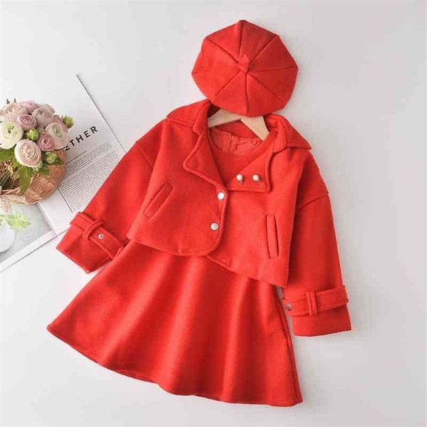 Gooporson hiver enfants vêtements pour filles rouge Coatvest Dresshat 3pcs mode coréenne laine enfants tenues ensemble filles vêtements 210715