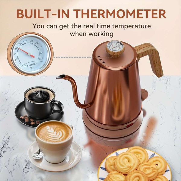 Termómetro de cuello de cisne, cobre con apagado automático, 1000W agua caliente hervidor eléctrico de acero inoxidable, teteras eléctricas para té de café