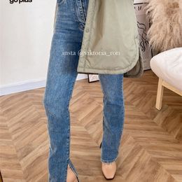 GOPLUS Jeans Mujer Cintura alta Streetwear Pantalones de mezclilla azul claro Vintage Split Flare Pant Korean Pantalon Femme 220310