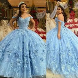 Gorgeoes Light Blue Quinceanera -jurken van de schouder met 3D floral applique sweep trein tule op maat gemaakt zoet 16 optocht feest prinses baljurk 0509