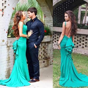 Hermoso 2016 Turquoise Blue Chiffon Mermaid Prom Dresses Sexy Spaghetti Ruffle Long Fiesta de fiesta larga Drapeada Made EN9247