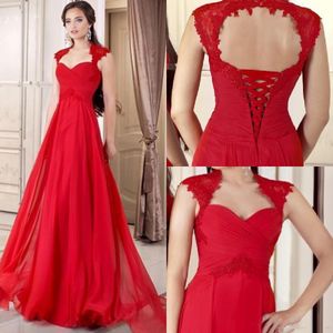 Prachtige 2017 Avondjurken Sweetheart Red Prom Dresses Open Back Lace-up A-lijn Chiffon Tiered met applique op maat gemaakte formele jurken