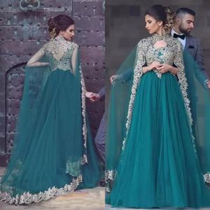 Magnifique 2018 Teal Tulle Robes Arabes Tenue De Soirée Avec De Jolies Appliques De Dentelle Col Haut Wraps Robes De Soirée Sur Mesure EN10078