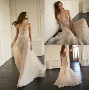 Prachtige Eisen Stein A Line Trouwjurken Spaghetti V-hals Bruiloft Bruidsjurken Backless Robe de Mariée