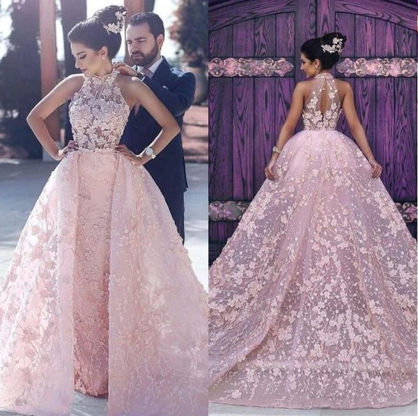 Preciosos vestidos de novia de color rosa rubor 2019 con falda de tren desmontable, cuello halter, vestidos de novia árabes de encaje floral ajustados, ropa formal