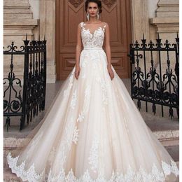 Precioso vestido de novia sin mangas con apliques de encaje y cuello de joya transparente, vestidos de boda de talla grande para fiesta de mujer 2023