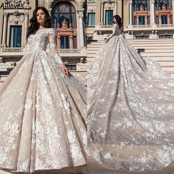 Magnifique 3D Floral Lace Appliques Princesse Robes De Mariée Manches Longues Doublure Nude Robes De Novia Chapelle Train Robe De Bal Mariée S273u