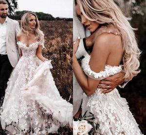 Magnifiques robes de mariée florales 3D, épaules dénudées, avec des Appliques complètes en dentelle, style bohème, robes de mariée de plage, dos ouvert