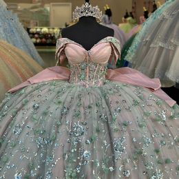 Prachtige 3D Bloemen Strik Quinceanera Jurken Baljurk Uit De Schouder Lovertjes Kant Kralen Sweet 15 Vestidos De XV Anos