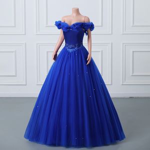 Precioso aplique brillante en 3D con hombros descubiertos, azul real, tul grueso, tren de barrido, desfile, fiesta de graduación, vestidos de máscara, vestido de fiesta para invitados