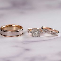 Precioso 3 unids/set anillos de boda para mujer mosaico CZ dos tonos romántico anillo de compromiso femenino joyería de moda regalo RR