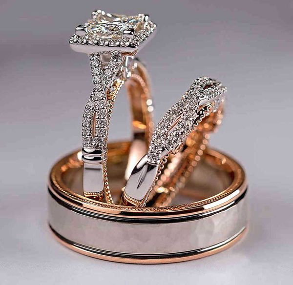 Precioso 3 unids/set anillos de boda para mujer mosaico CZ anillo de compromiso femenino romántico de dos tonos