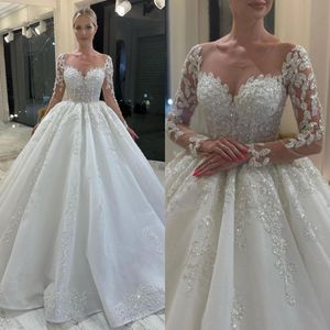 Magnifique robes de ligne pour les paillettes paillettes de mariée Illusion des manches longues robe de mariée Sweep Train Ruffle Designer Bridal Brindal