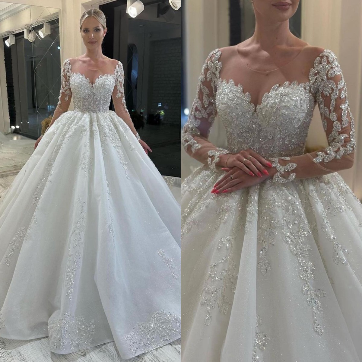 Lindo uma linha vestidos de casamento para noiva glitter lantejoulas ilusão mangas compridas vestido de casamento trem varredura plissado vestidos de noiva designer