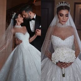 Gorgeous A Line Wedding Dresses Sheer Neck Long Sleeve Appliques Beads Sequins Lace Plus Size Wedding Dress Sweep Train Robes De Mariée