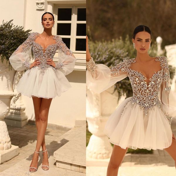 Magnifique A-ligne Robes De Mariée Robe Courte Carré Manches Longues Perles Brillantes Tulle Designer Dos Nu Fermeture Éclair Sur Mesure Plus La Taille Robe De Mariée Robes De Novia