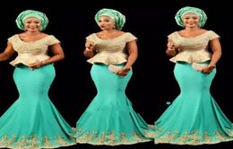 Prachtige Arabische Afrikaanse avondjurken Nigeriaanse kantstijlen schep nek zeemeermin groenblauw turquoise prom -jurken met kant -appliques5597749
