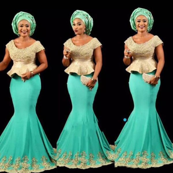 Superbes robes de soirée africaines arabes styles de dentelle nigérianes encolure dégagée sirène sarcelle turquoise robes de bal avec des appliques de dentelle