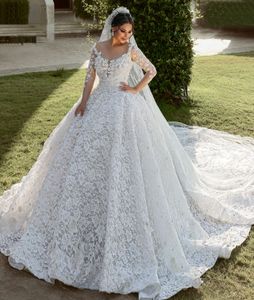 Prachtige Arabische Dubai trouwjurken bruidsjurken kralen kristallen kogel jurk lange mouw volle kanten vestido de noiva plus maat
