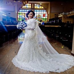 Magnifiques robes de mariée arabe nigériane avec manches longues Crystal Chapel Train Lace 2018 Robes de mariée sirène Vestidos de 344K