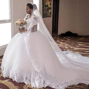 Magnifique robe de mariée arabe robe de bal bouffante col en V sur l'épaule perlée dentelle appliques princesse robes de mariée doux tulle de qualité supérieure