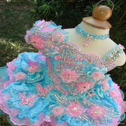 Gorgeous Baby Girls Glitz Beaded Pageant Cupcake Gowns Withe Flowers Infant Mini Faldas cortas Toddler Girls Soft Lace Pageant Dres1996