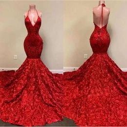 Magnifique robes de soirée rouges sans dossier Halter Deep V Neck Lace Appliques Sirène Sirène Robe Rose Rouges Special Occasion Robes de fête BC10882