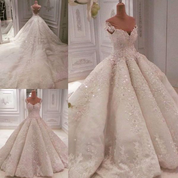 Magnifique robe de bal 2019 robes de mariée sur l'épaule paillettes perles dentelle robes de mariée cathédrale train pure dos robe de mariée de luxe