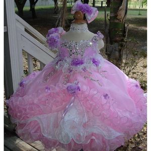 Prachtige baljurk optocht jurken kralen peuter rug organza ruches beker cake bloemenmeisjes jurk voor bruiloften