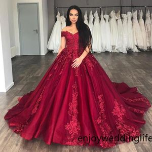 Prachtige baljurk Quinceanera Jurken Sweet 16 Dress Off The Shoulder Applicaties Tule Plus Size Prom Dresses Dark Red Rits Avondjurk