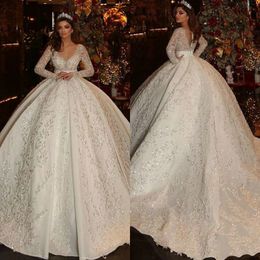 Magnifique robe de mariée robe de mariée o couches à manches longues de robe de mariée paillettes appliques robes de train balayage vestidos de novia sur mesure