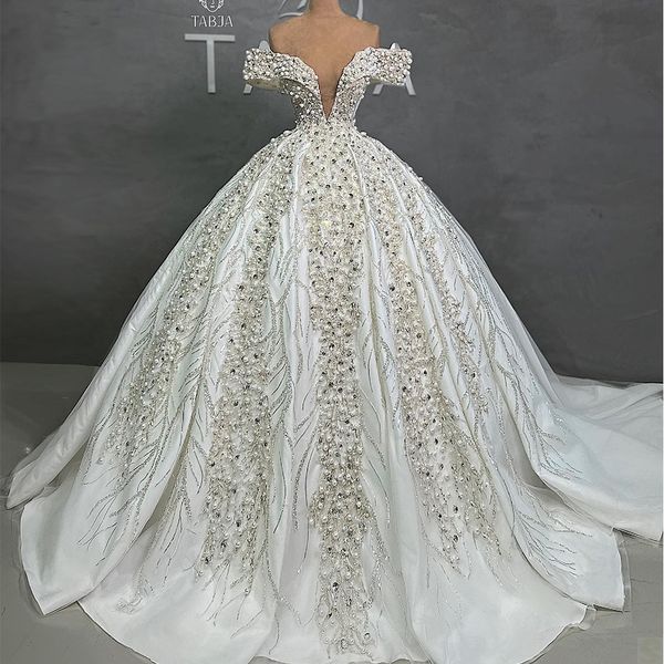 Robes De Mariée Robe De Bal Magnifique Col En V Profond De L'épaule Perles Brillantes Perles Candidats Robe De Chapelle Plis Robe De Mariée Sur Mesure Plus La Taille Vestidos De Novia