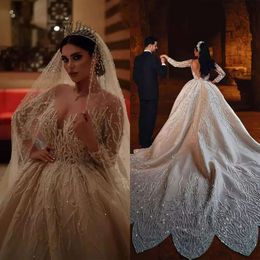 Hermosos vestidos de novia de vestidos de pelota lentejuelas de cuello en V beads apliques diseñador trenes nupciales túnica personalizada sin respaldo desprecisl