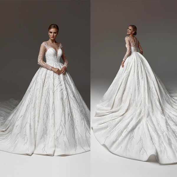 Robe De Bal Magnifique Robes De Mariée Col En V Manches Longues Transparentes Brillant Stripe Candidats Zipper Robe De Chapelle Paillettes Sur Mesure Robe De Mariée Vestidos De Novia