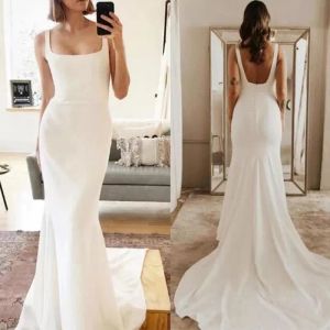 Superbe robes de mariée de sirène plage sangle robe nuptiale Simple Boho Satin Square Sweep Train Made Made Made plus taille Vestido de Novia Designer 403 Signer