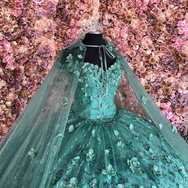 Magnifique robe de bal perlée, robes de Quinceanera, paillettes, épaules dénudées, perles en dentelle appliquées avec Cape, robes de bal, balayage