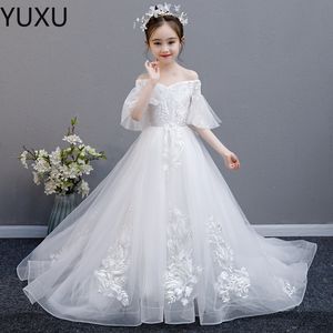 Magnifique perle de petites filles Robes de concours de bal robe de bal robe de fleur sans dossier de balle à pêche longue paillette première sainte communion robes 403