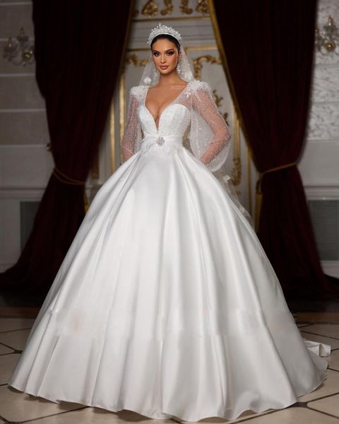 Robe de mariée ligne A à perles, magnifique, col en V, manches bouffantes, taille plume, princesse arabe dubaï, 2024