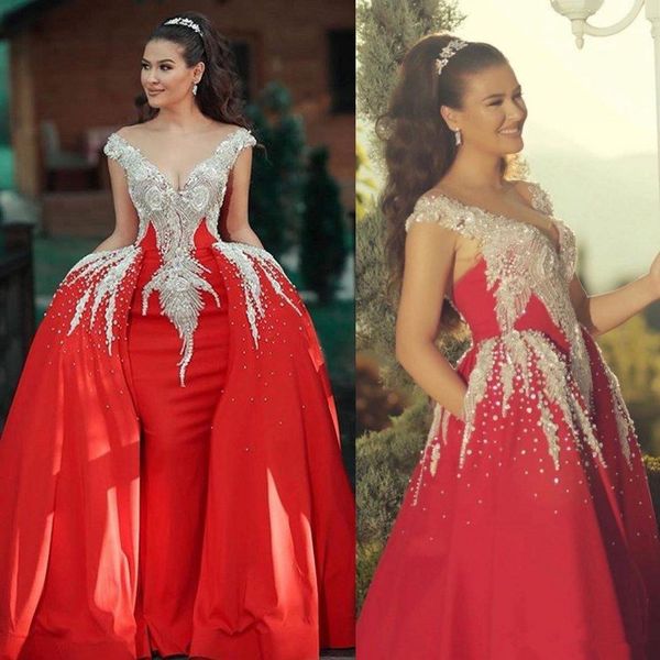 Gorgeous Beading Red Mermaid Vestidos de baile con tren desmontable Cuello en V Vestidos de fiesta de cristal Vestidos turcos Vestido formal Ropa de noche