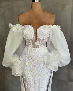 Robe de soirée de forme sirène, magnifique, perles, paillettes, manches bouffantes, avec des Appliques en dentelle, fleurs 3D, robe de soirée formelle