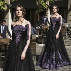 Prachtige zwarte en paarse kant geappliceerd prom jurken 2016 pure nek illusie lange mouwen tule avondjurken vloer lengte formele slijtage