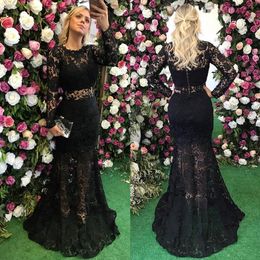 Superbes robes de bal de dentelle noire de sirène avec jupe détachable manches longues robes de soirée Versides de cou transparent de Fiesta Robe formelle perlée 407