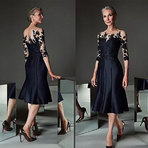 Magnifique sirène noire mère de la mariée robes bijou sans manches appliques dentelle robe de mariée genou longueur mère robe longue formelle245D