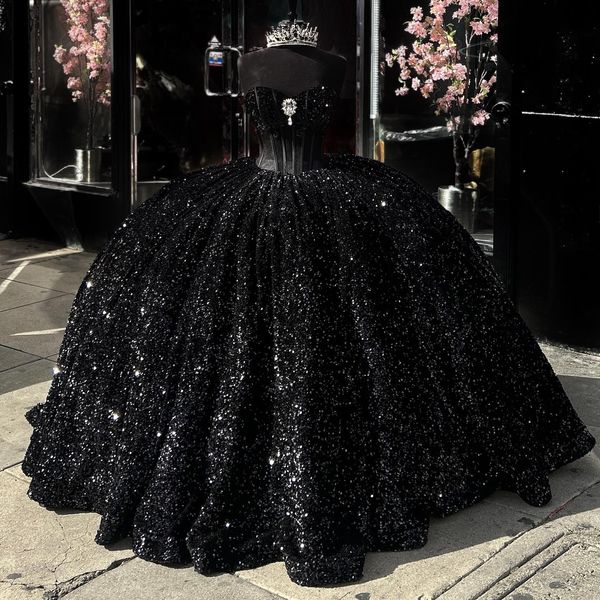 Magnifique princesse noire Quinceanera robe de bal robe de bal brillante paillettes de paillettes Sparlerie Vestido de Quinceanera Robe de bal de bal Sweet 15 Masquerade Robe
