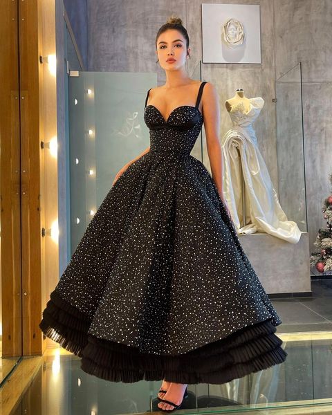 Superbes robes de bal noires bretelles perles bling perles robe de soirée robe de soirée froncée robes de longueur de cheville pour des occasions spéciales