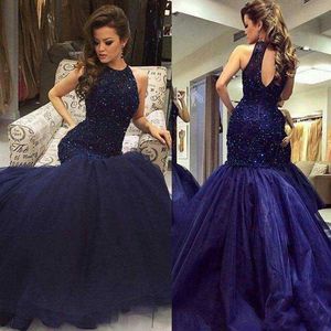 Prachtige Blue Mermaid Avondjurk Elegante Vloerlengte Organza Lange Prom Jurken Sexy Backless Beaded Plus Size Avondjurken