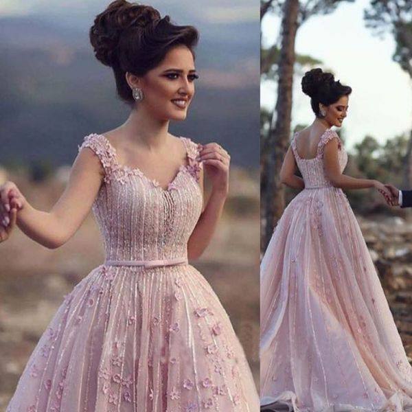 Magnifique Blush rose robe de bal robe de mariée 2017 dentelle Applique perles sans manches une ligne robes de mariée robes de mariée